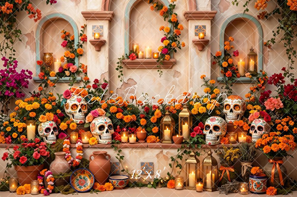 Kate Day Of The Dead Mexican Flowers Skull Altar Printed Backdrop Designed by Patty Roberts