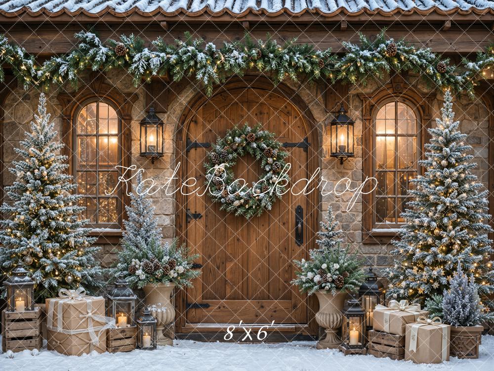Kate Christmas Trees Rustic Cabin Wood Door Garland Snowy Printed Backdrop Designed by Emetselch