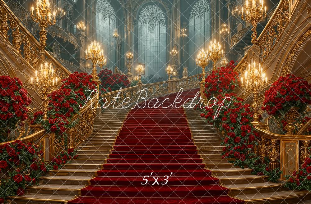 Kate Valentines Cascading Stairs Red Roses Gold Chandeliers Backdrop Designed by Emetselch