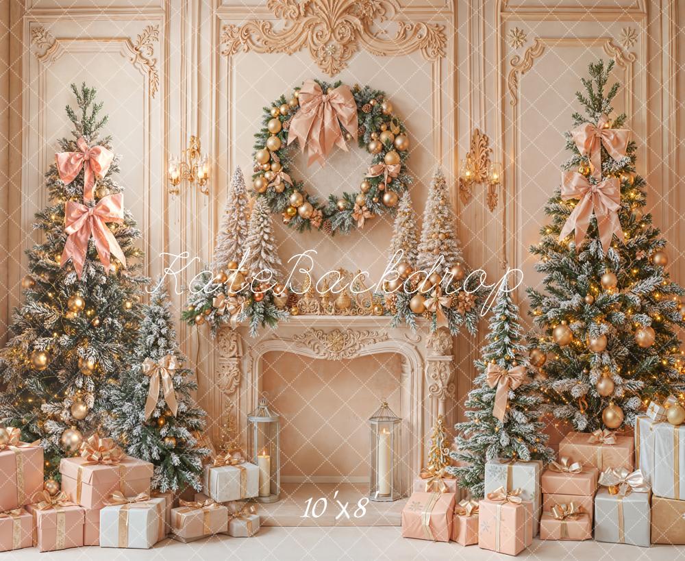 Kate Christmas Fireplace Gorgeous Pink Gold Trees Wreath Gifts Backdrop Designed by Emetselch