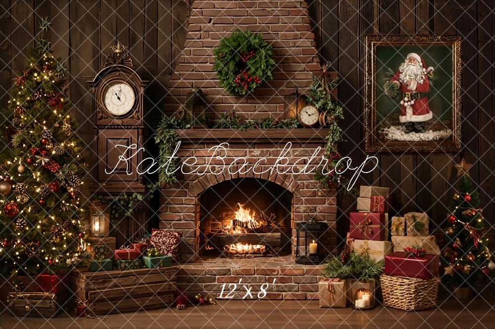 Kate Christmas Fireplace Tree Gifts Brick Wall Santa Printed Backdrop Designed by Emetselch