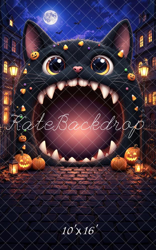 Kate Halloween Trunk or Treat Black Cat Haunted House Cobblestone Printed Backdrop Designed by Mini MakeBelieve