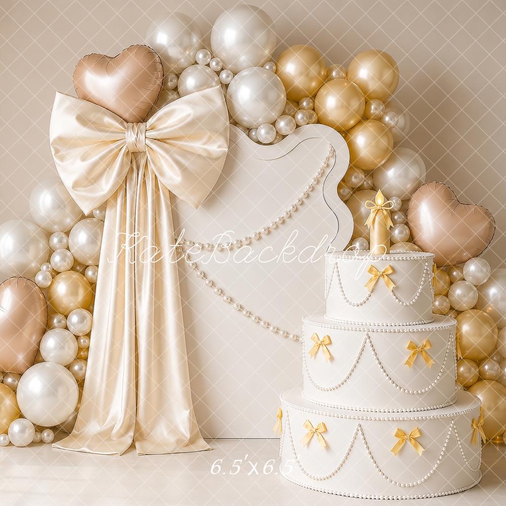 Kate Birthday Cake Smash Pearls Bows Gold Heart Balloons Printed Backdrop Designed by Shutter Swan Studios