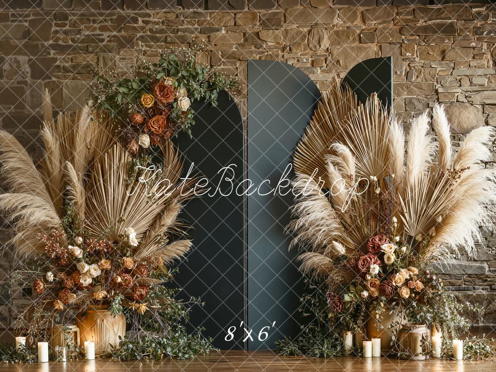Kate Mother's Day Boho Pampas Grass Dried Flowers Stone Wall Backdrop Designed by Emetselch