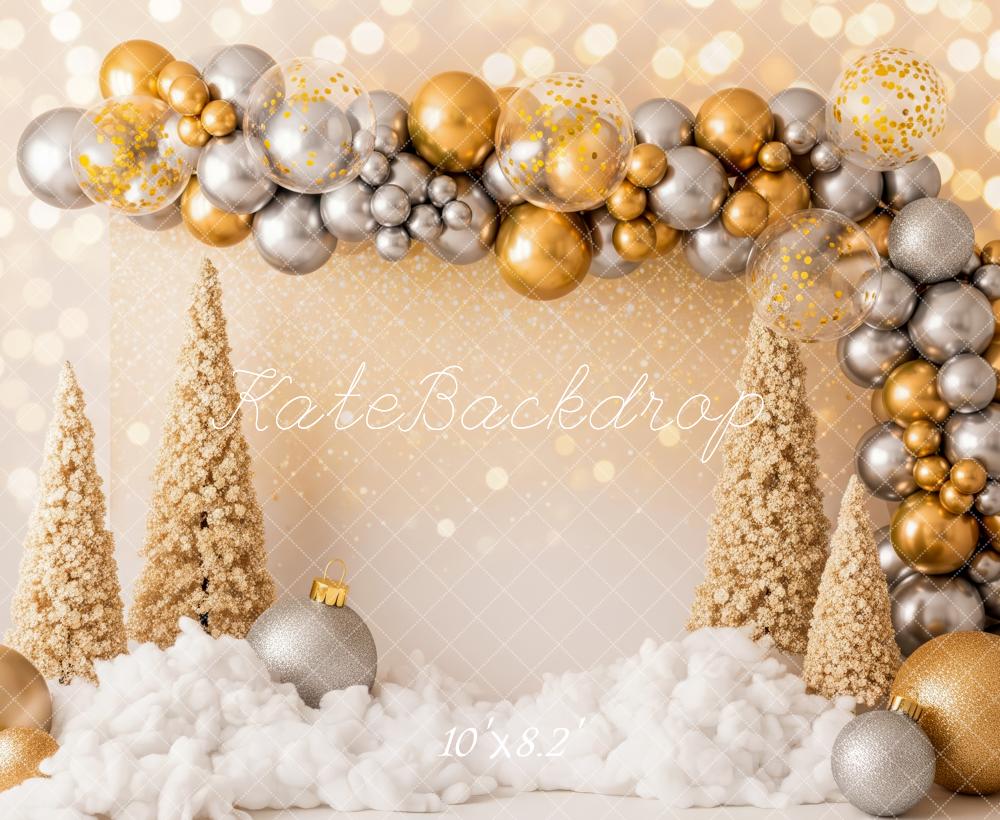 Kate Christmas Gold Silver Balloon Arch Trees Cloud Backdrop Designed by Patty Roberts