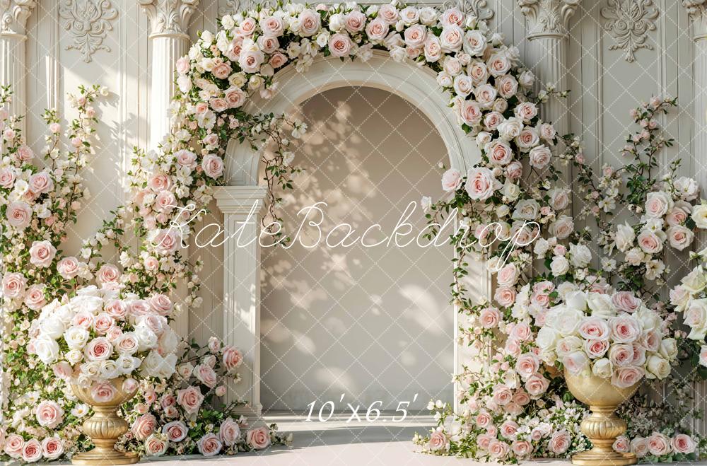Kate Spring Flower Arch Pink White Roses Ornate Columns Printed Backdrop Designed by Mini MakeBelieve
