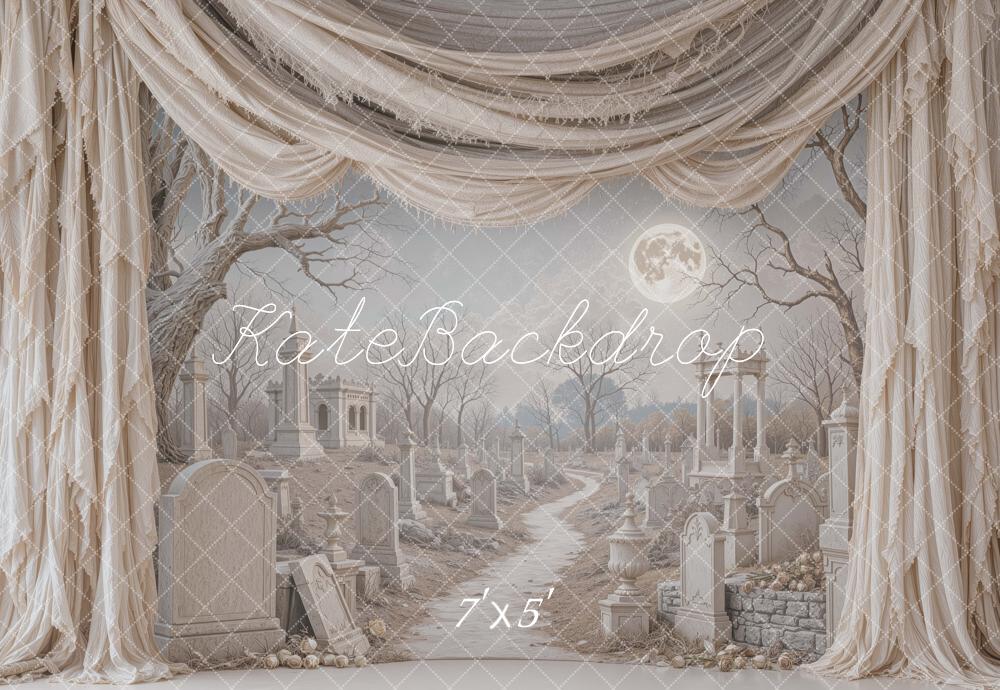 Kate Halloween Gray Cemetery Moon Drapes Tragedy Printed Backdrop Designed by Mini MakeBelieve