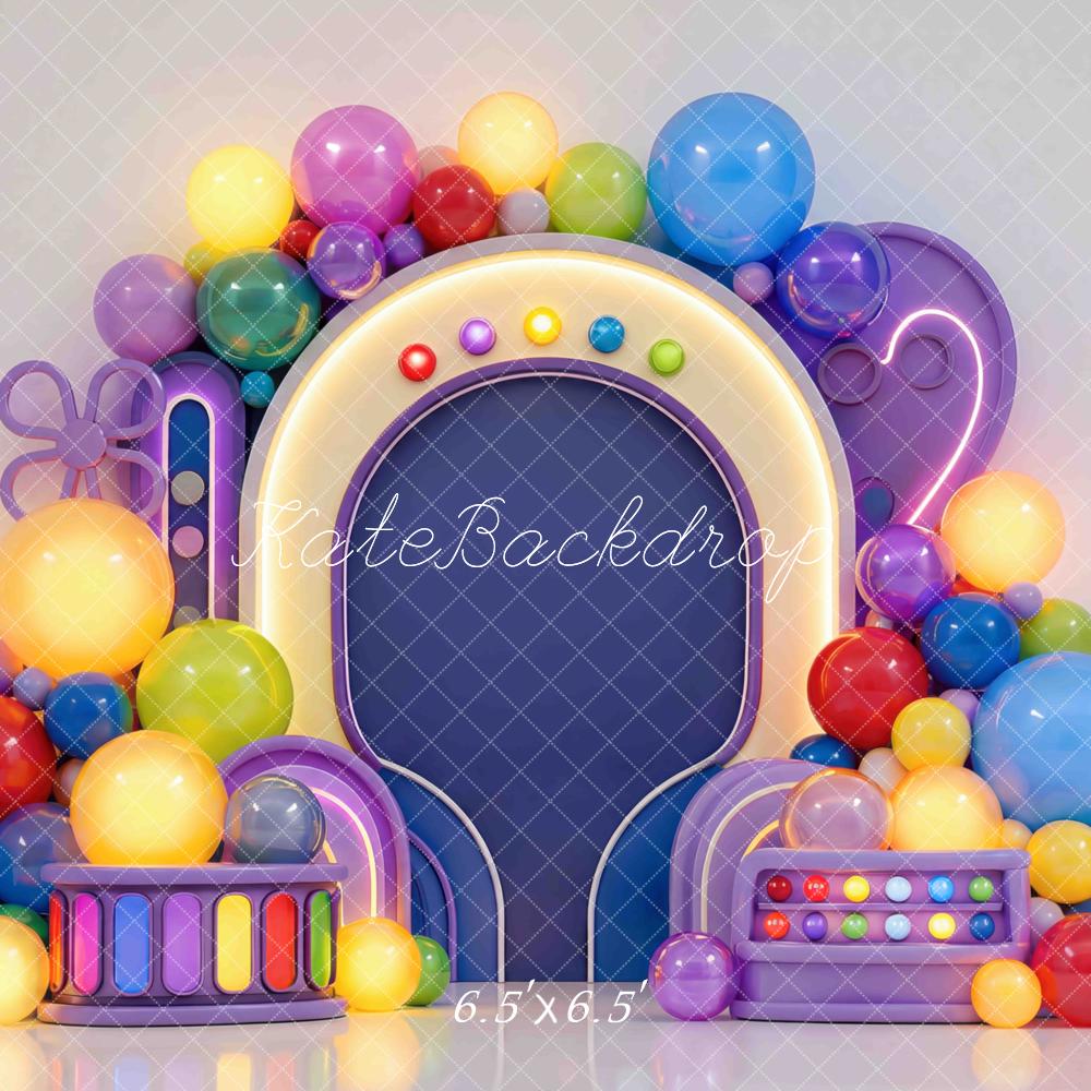Kate Cake Smash Colorful Balloon Arch Round Frame Printed Backdrop Designed by Mini MakeBelieve