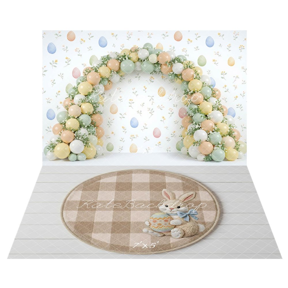 Kate Easter Balloon Arch Pastel Eggs Floral Backdrop+Easter Bunny Plaid Egg Beige Floor Backdrop