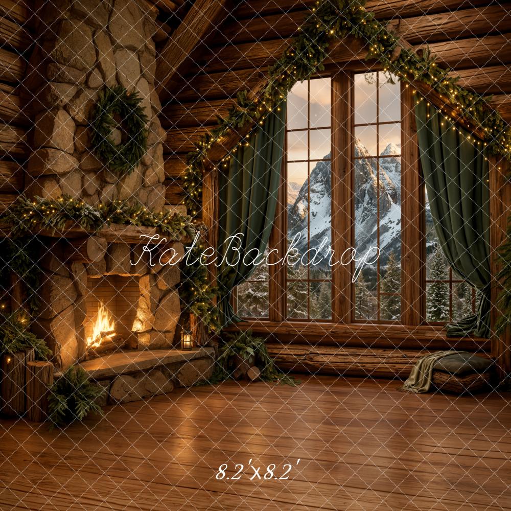 Kate Christmas Rustic Cabin Fireplace Tree Window Backdrop Designed by Emetselch