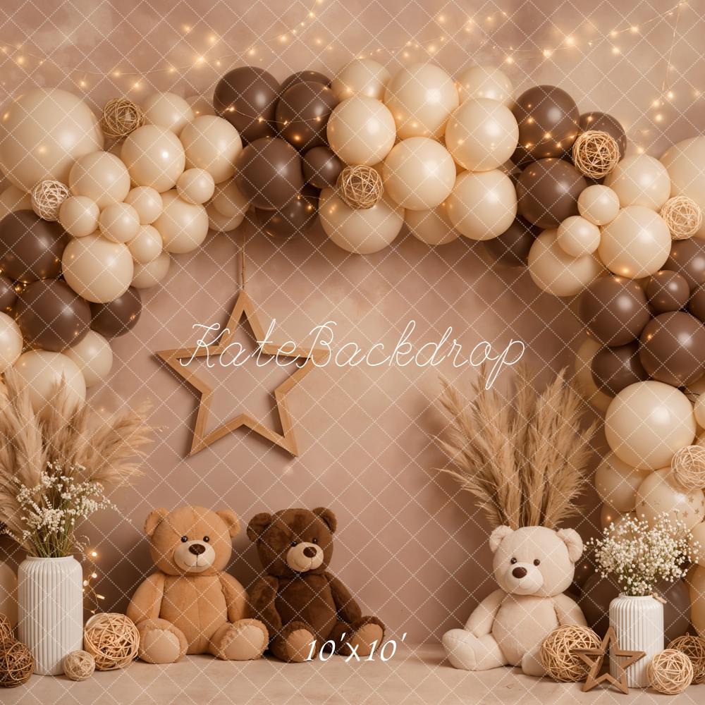 Kate Cake Smash Balloon Arch Teddy Bears Pampas Grass Neutral Brown Backdrop Designed by Emetselch