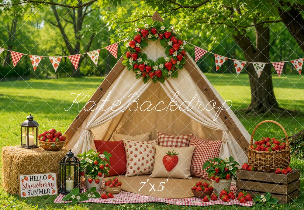Kate Summer Strawberry Tent Picnic Wreath Forest Printed Backdrop Designed by Emetselch