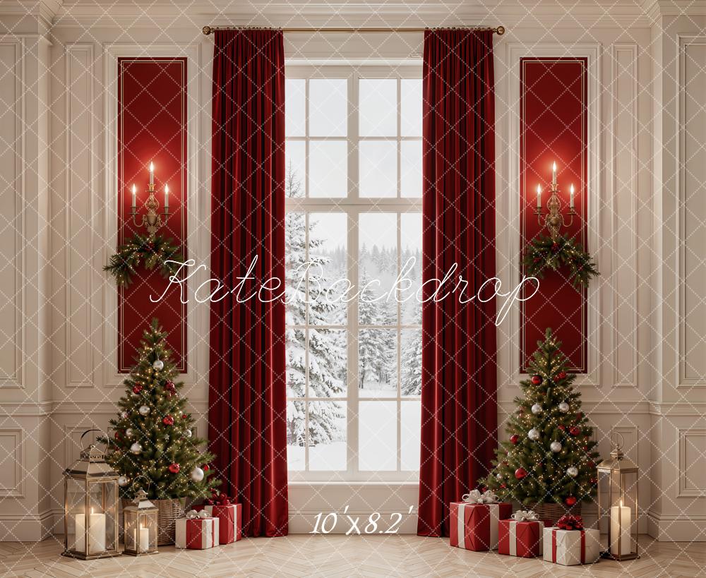 Kate Christmas Trees Red Curtains Snowy Window Printed Backdrop Designed by Emetselch
