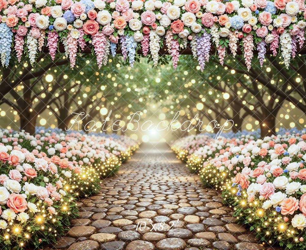 Kate Spring Flower Arch Cobblestone Pathway Bokeh Printed Backdrop Designed by Mini MakeBelieve