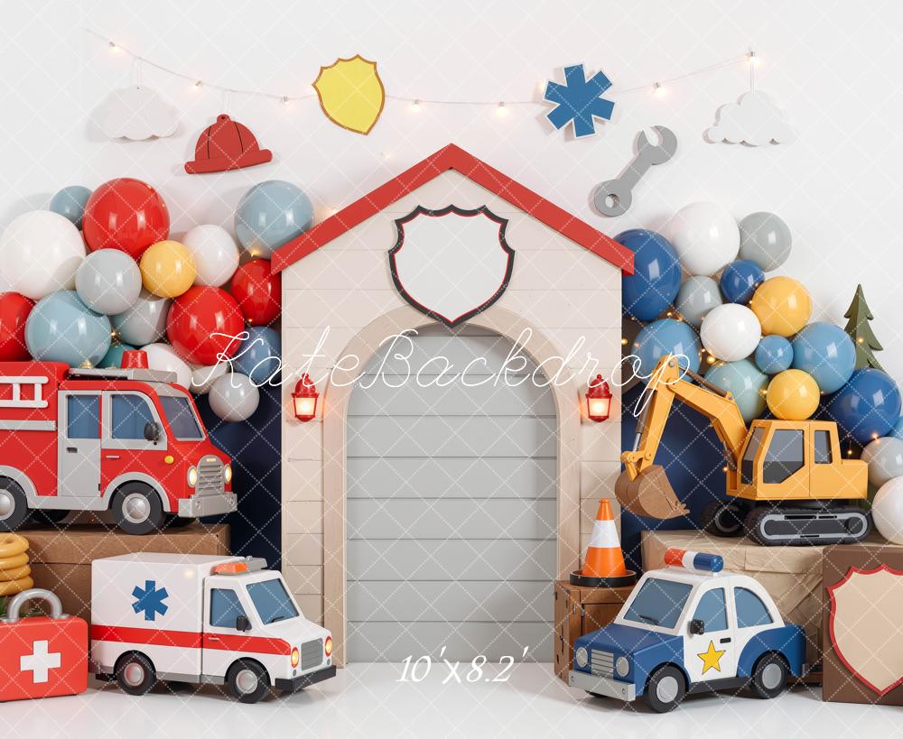 Kate Cake Smash Fire Truck Ambulance Police Car Construction Balloons Garage Printed Backdrop Designed by Mini MakeBelieve