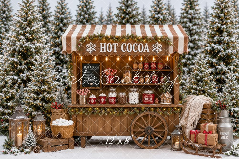 Kate Christmas Hot Cocoa Cart Snowy Forest Gifts Printed Backdrop Designed by Emetselch