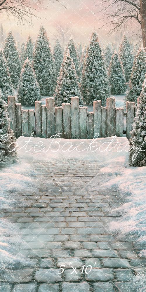 Kate Sweep Winter Snowy Pine Trees Wooden Fence Cobblestone Path Printed Backdrop Designed by Angela Miller