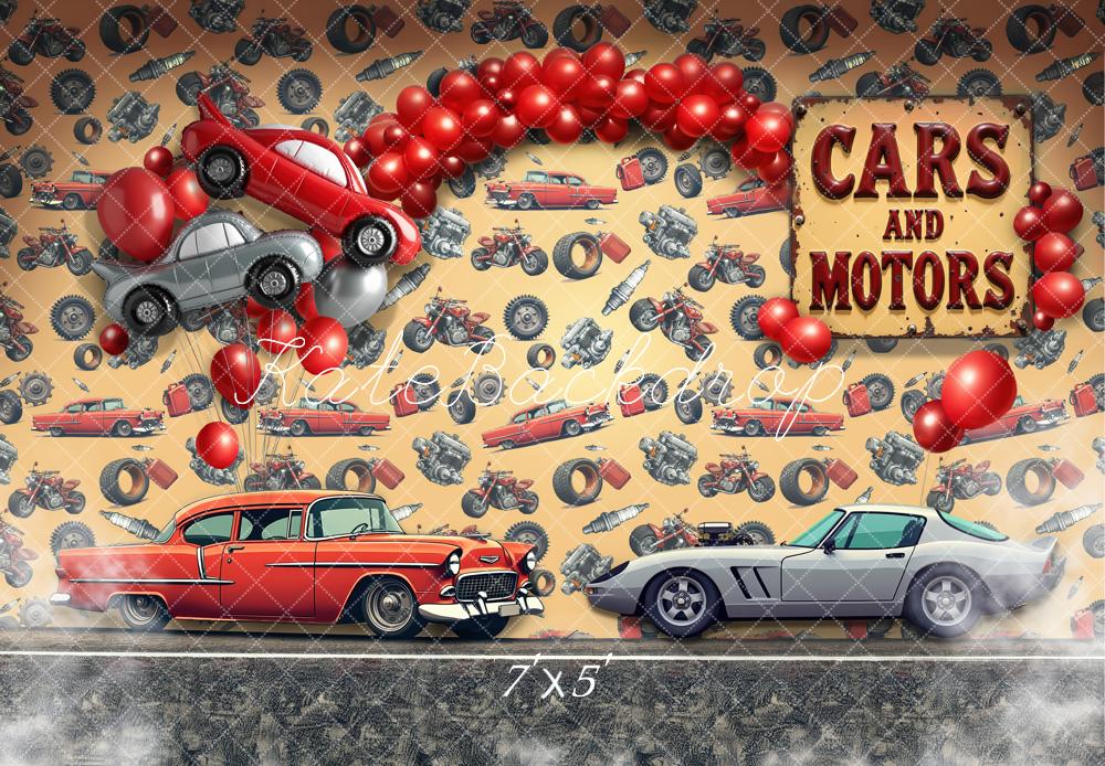 Kate Birthday Red Balloons Motors Vintage Car Motorcycle Printed Backdrop Designed by Laura Bybee