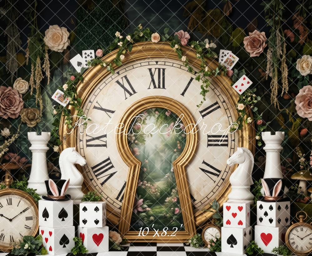 Kate Alice Garden Clock Room Wonderland Chessboard Playing Cards Printed Backdrop Designed by Patty Roberts
