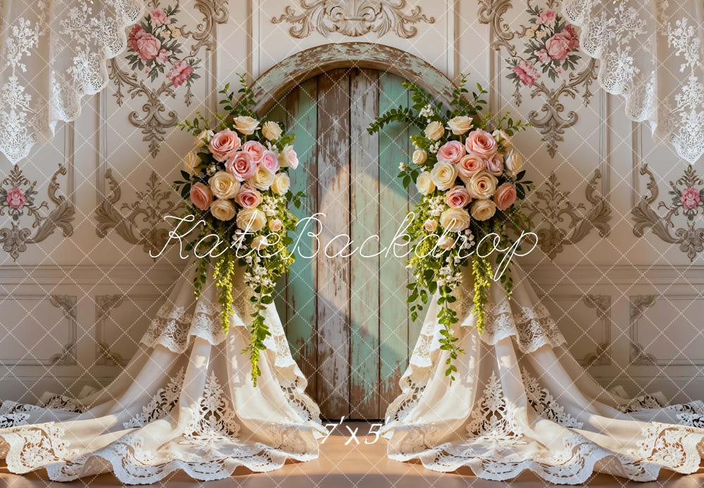 Kate Spring Vintage Floral Arch Rustic Door Lace Curtains Printed Backdrop Designed by Mini MakeBelieve