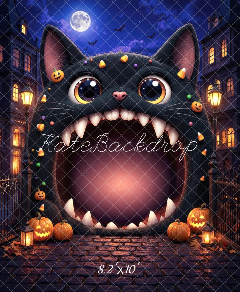 Kate Halloween Trunk or Treat Black Cat Haunted House Cobblestone Printed Backdrop Designed by Mini MakeBelieve