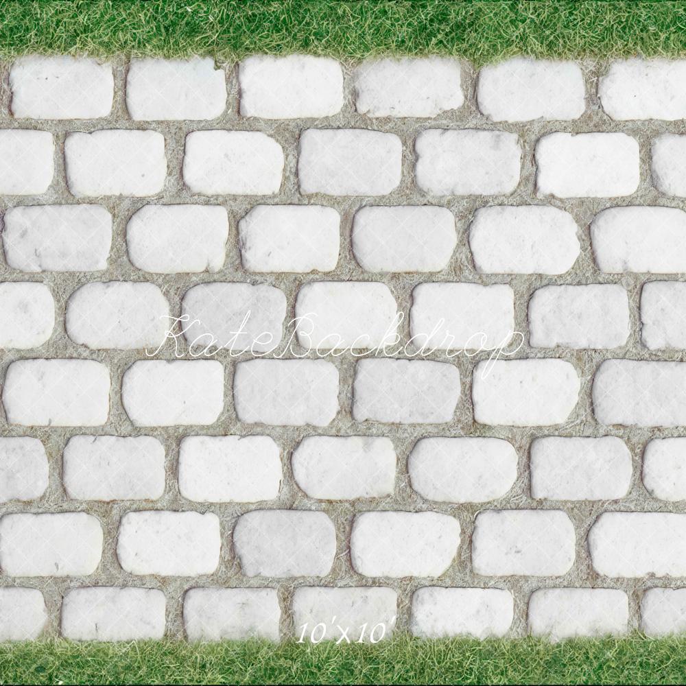 Kate White Cobblestone Floor with Grass Border Backdrop Designed by Mini MakeBelieve