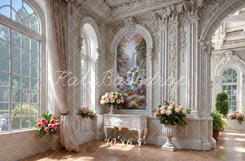 Kate Summer Elegant White Mansion Flowers Waterfall Window Printed Backdrop Designed by Mini MakeBelieve