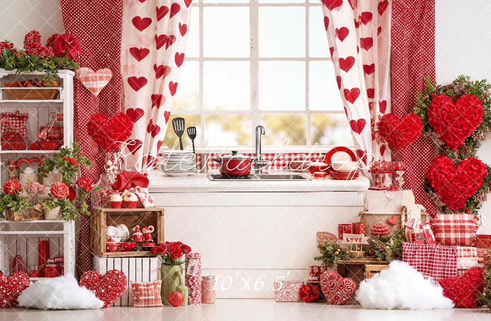 Kate Valentine's Day Red Hearts Kitchen Window Curtains Roses Backdrop Designed by Emetselch