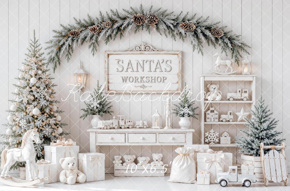 Kate Christmas Santa's Workshop White Pine Tree Toys Gift Boxes Printed Backdrop Designed by Mini MakeBelieve