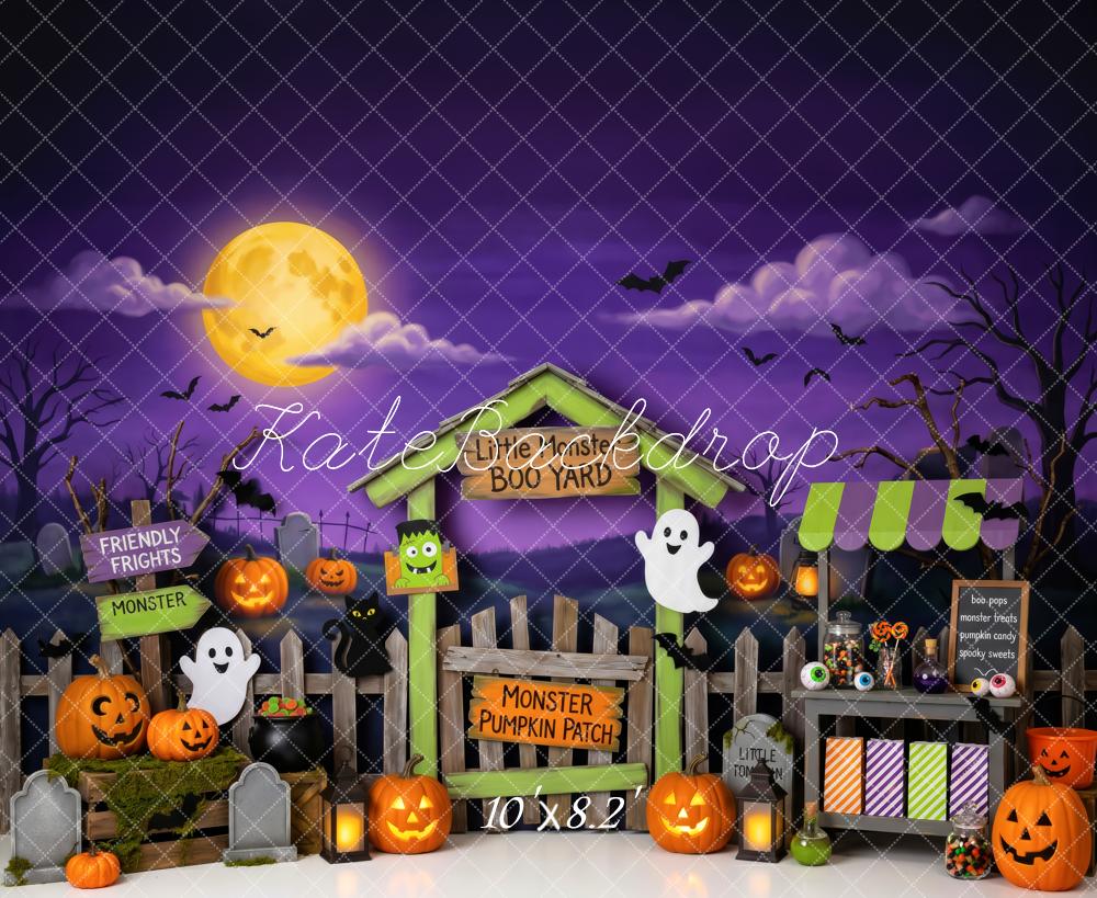 Kate Halloween Monster Pumpkin Patch Fence Kids Printed Backdrop Designed by Patty Roberts
