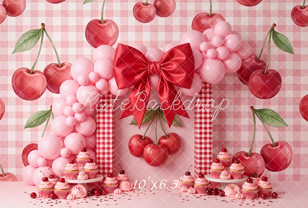 Kate Cake Smash Cherry Pink Gingham Balloon Arch Bow Cupcakes Backdrop Designed by Emetselch
