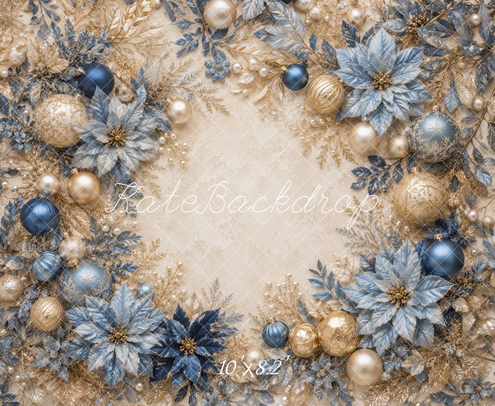 Kate Christmas Blue Gold Ornaments Poinsettias Garland Printed Backdrop Designed by Megan Leigh Photography