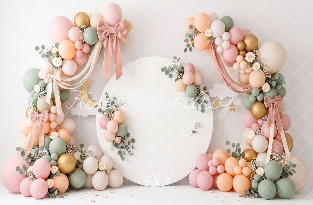 Kate Birthday Pastel Balloon Flower Arch Bow Printed Backdrop Printed Backdrop Designed by Angela Miller
