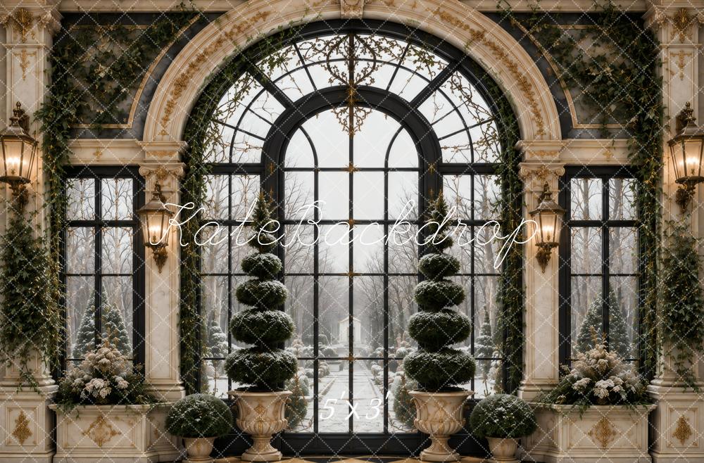 Kate Elegant Arched Window Ivy Topiary Snow Garden Printed Backdrop Designed by Vertigo Productions