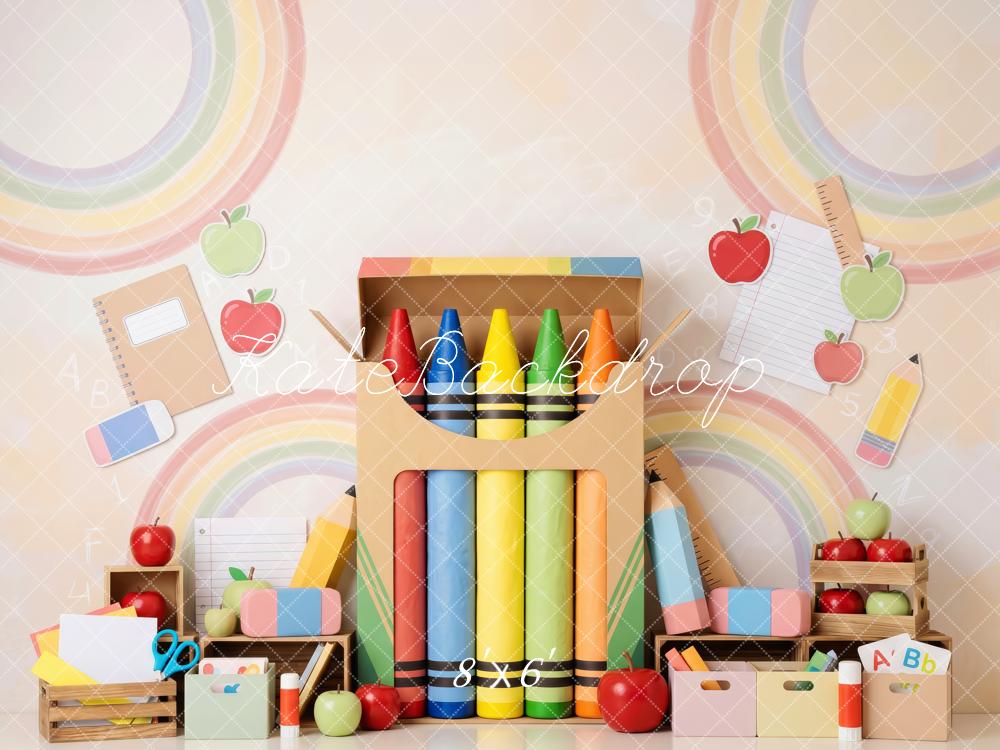Kate Back To School Crayons Rainbow Apples Printed Backdrop Designed by Patty Roberts