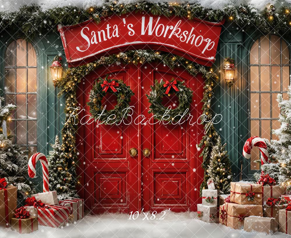 Kate Christmas Santa's Workshop Red Door Snow Backdrop Designed by Emetselch