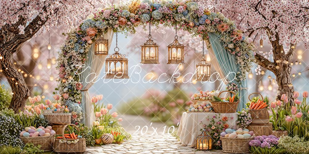 Kate Easter Spring Flower Arch Pastel Eggs Lanterns Garden Pink Backdrop Designed by Emetselch