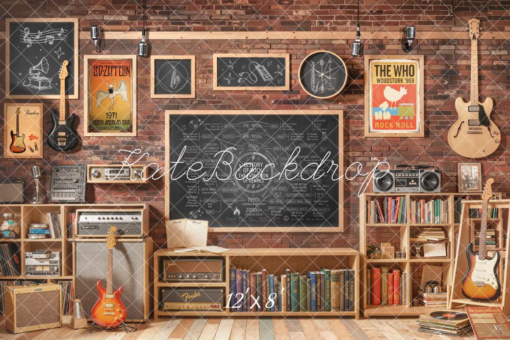Kate Retro Music Classroom Brick Wall Guitars Printed Backdrop Designed by Emetselch