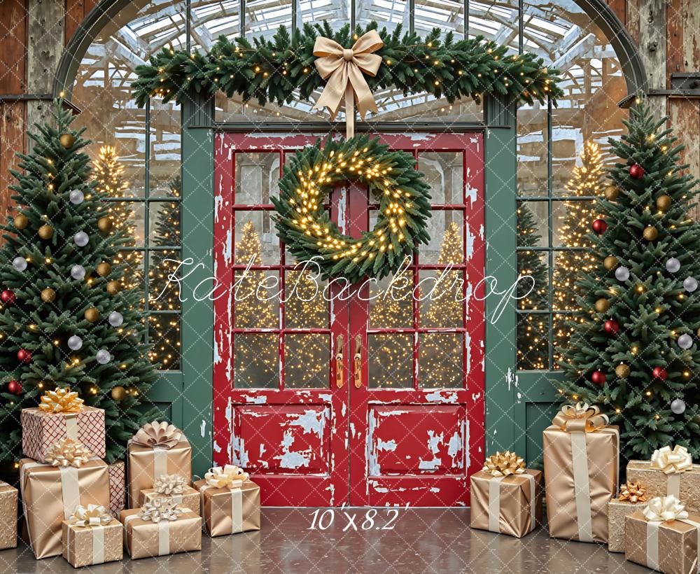 Kate Christmas Red Door Greenhouse Trees Wreath Gold Gift Boxes Backdrop Designed by Mini MakeBelieve