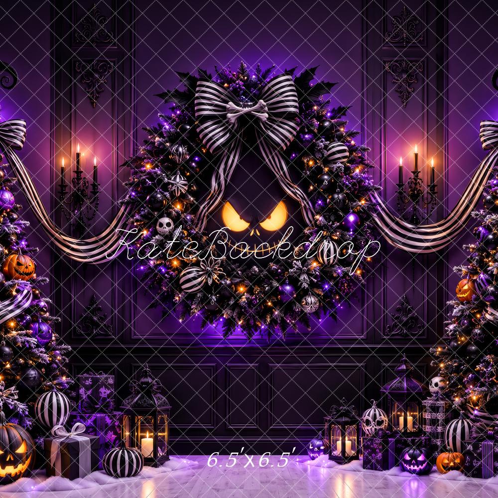 Kate Halloween Purple Christmas Trees Jack O Lantern Wreath Printed Backdrop Designed by Megan Leigh Photography