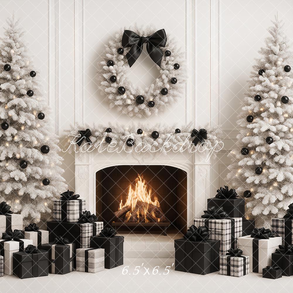Kate Christmas Trees White Fireplace Black Gifts Bow Backdrop Designed by Ashley Paul
