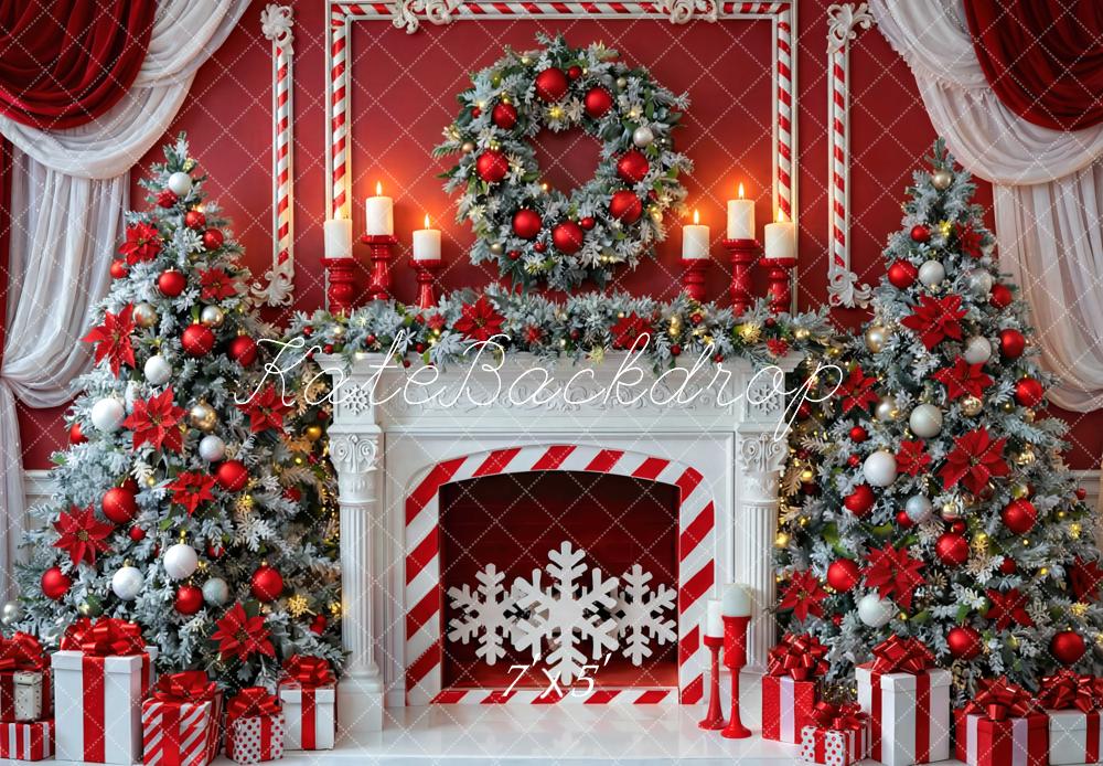 Kate Christmas Red Fireplace Snowflake Tree Wreath Gifts Curtains Printed Backdrop Designed by Mini MakeBelieve