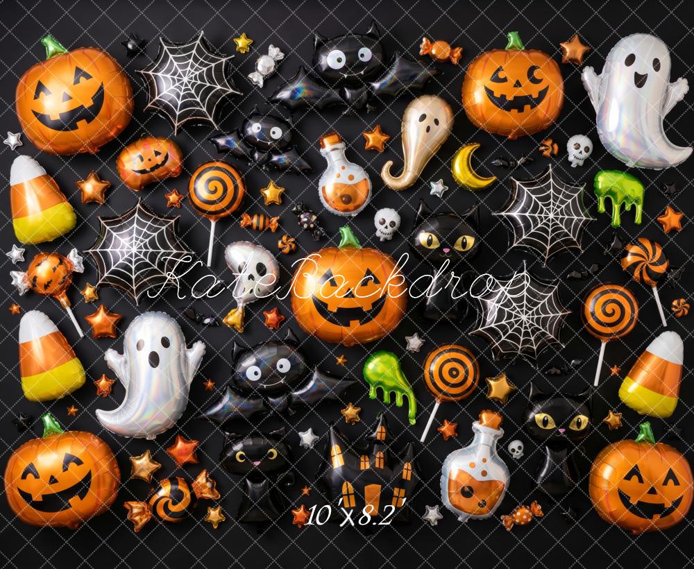 Kate Halloween Balloons Pumpkins Ghosts Candy Spiderwebs Printed Backdrop Designed by Patty Roberts