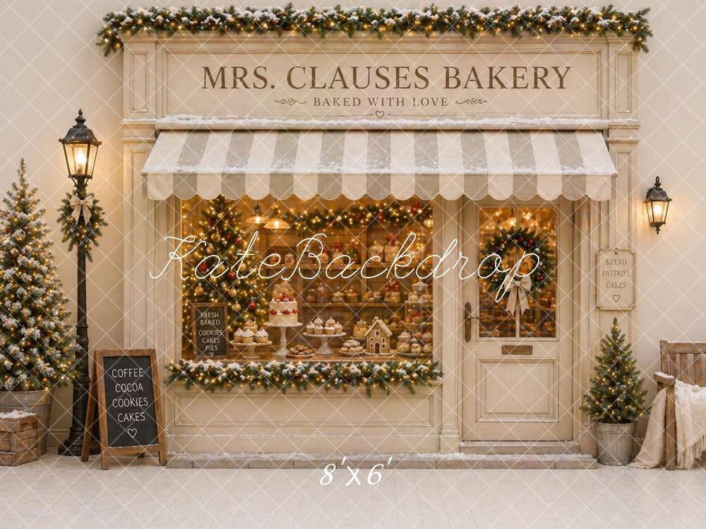 Kate Christmas Beige Bakery Storefront Printed Backdrop Designed by Caitlin Lynch