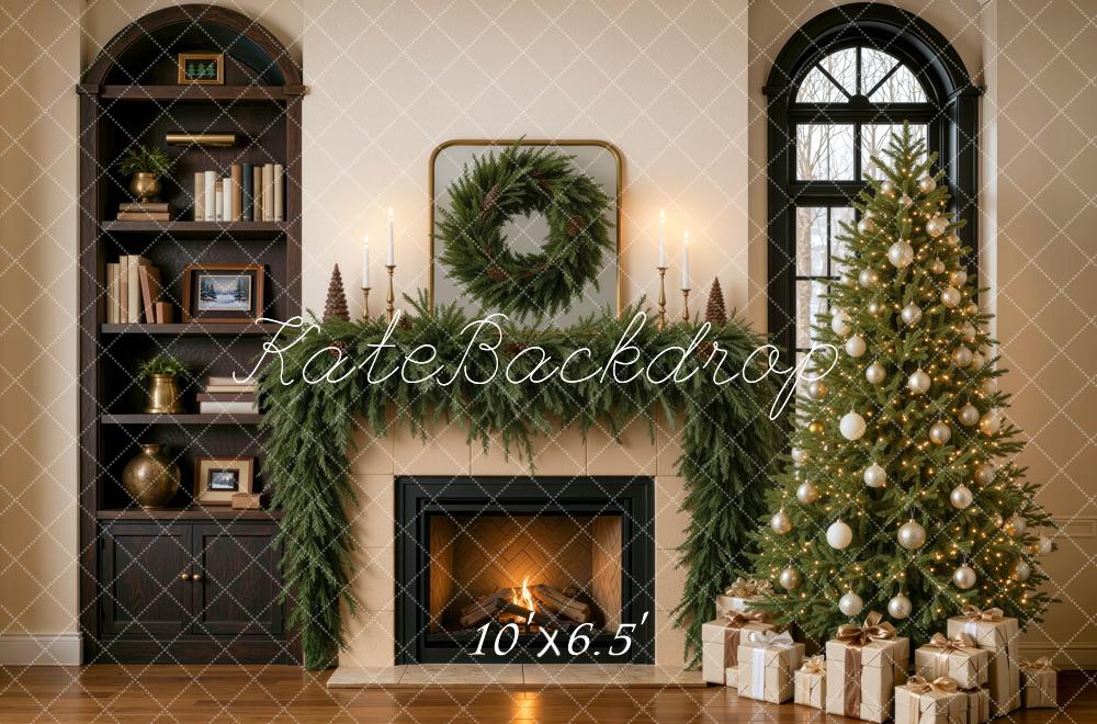 Kate Christmas Tree Bookcase Fireplace Wreath Living Room Printed Backdrop Designed by Mini MakeBelieve