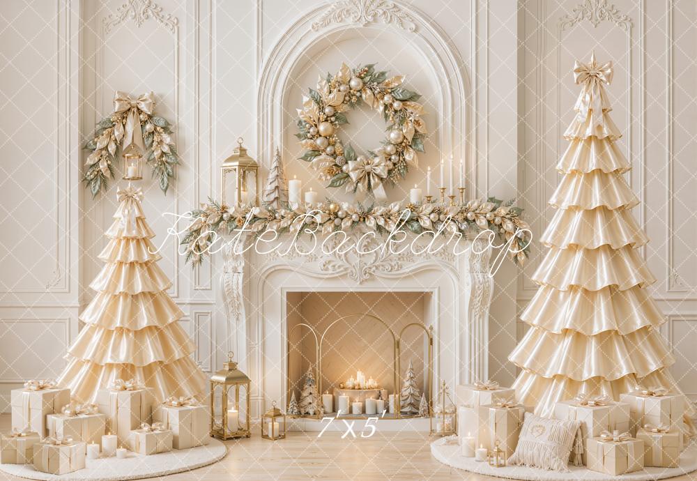 Kate Christmas White Fireplace Wreath Satin Trees Printed Backdrop Designed by Emetselch