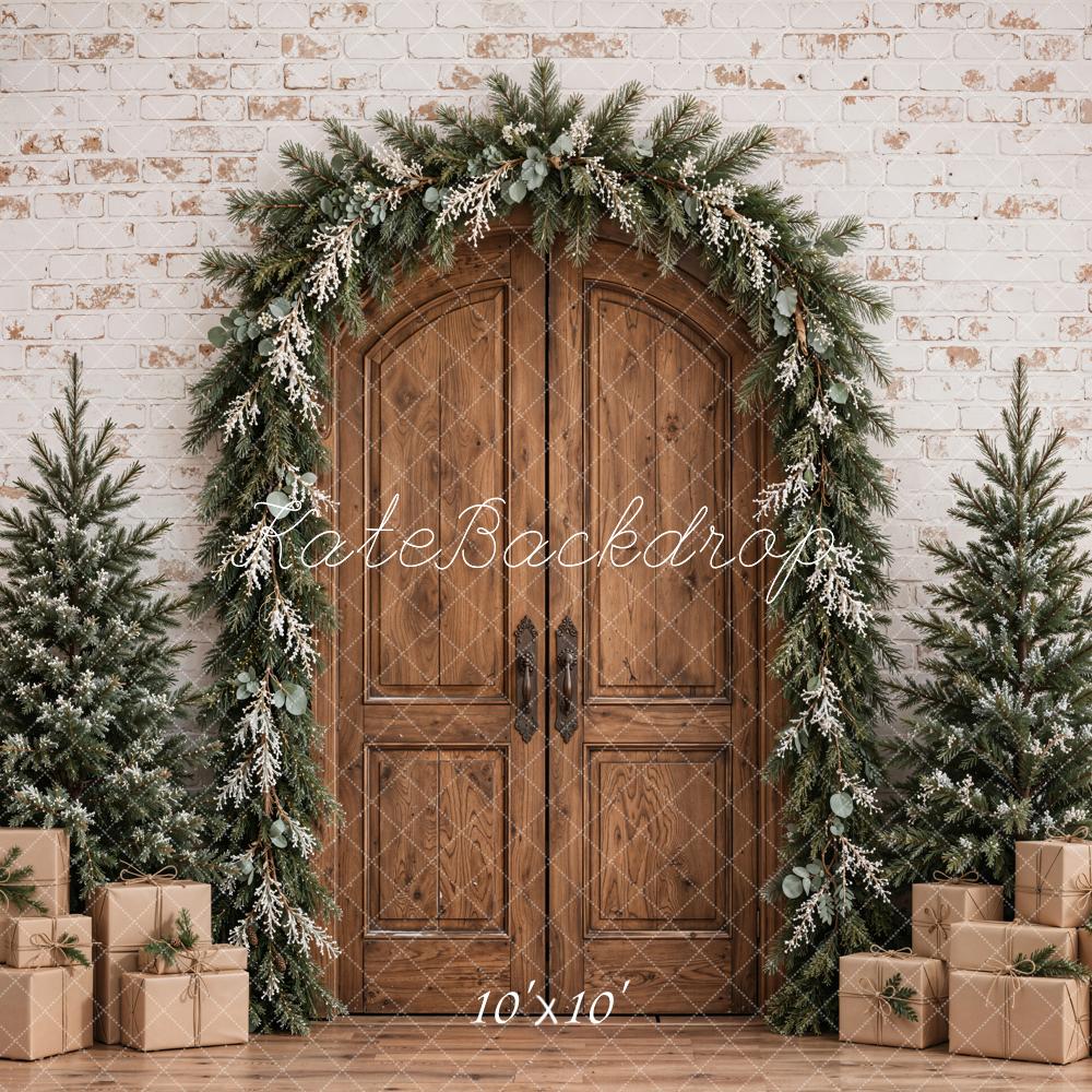 Kate Christmas Rustic Wood Arched Door Garland Trees Gifts Printed Backdrop Designed by Emetselch