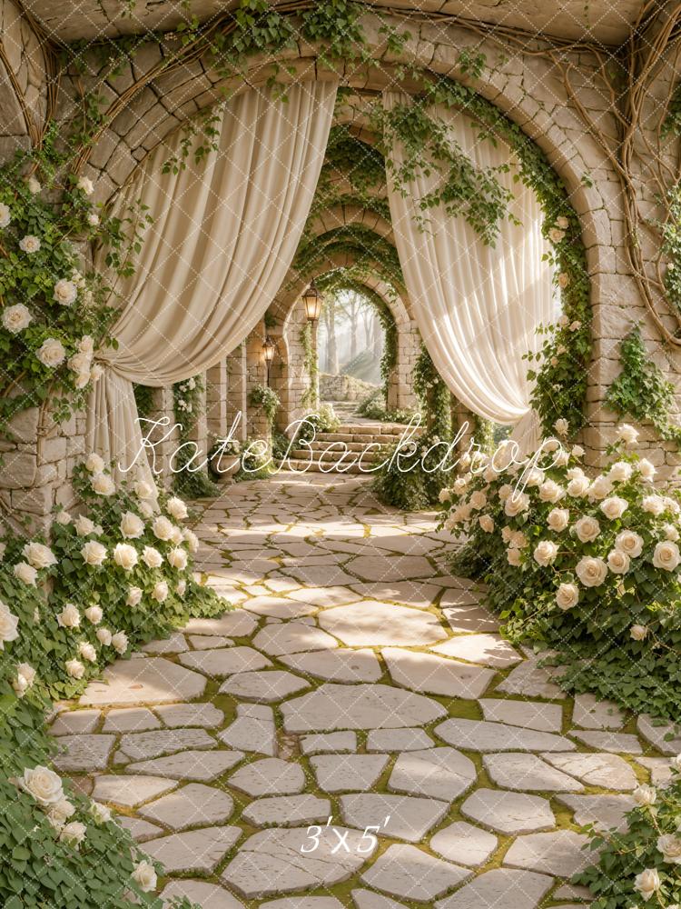 Kate Spring Stone Archway White Roses Cascading Stairs Printed Backdrop Designed by Emetselch
