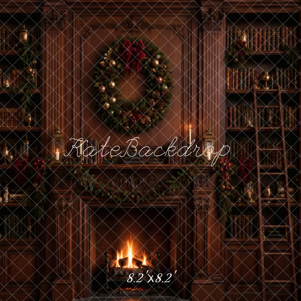 Kate Christmas Fireplace Library Wreath Printed Backdrop Designed by Vertigo Productions