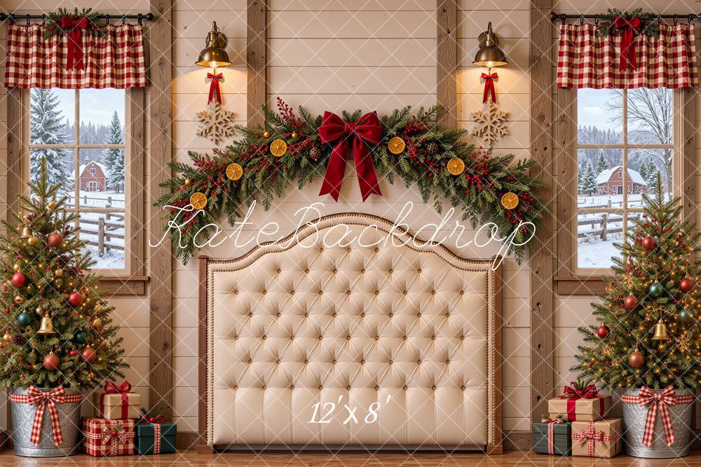 Kate Christmas Headboard Rustic Cabin Garland Trees Printed Backdrop Designed by Shutter Swan Studios